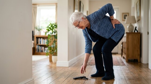 Elderly woman experiencing back pain bending down to pick up remote. Senior health issue