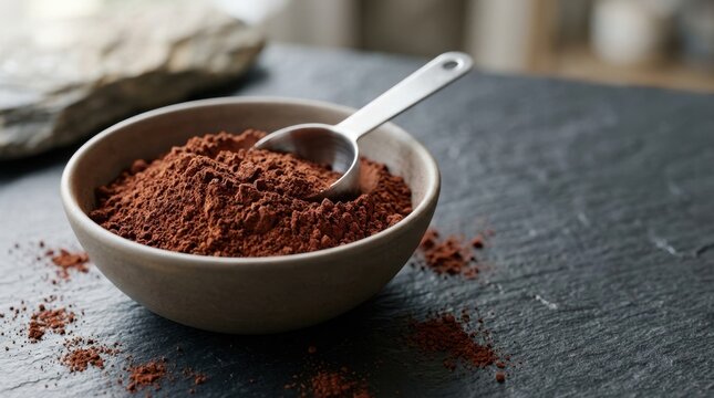 Iron oxide red brown powder in a bowl with a measuring spoon. Raw pigment and material texture