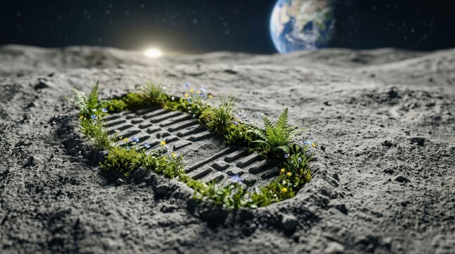 Boot footprint on the lunar surface filled with green grass and blooming flowers. Space exploration and nature concept