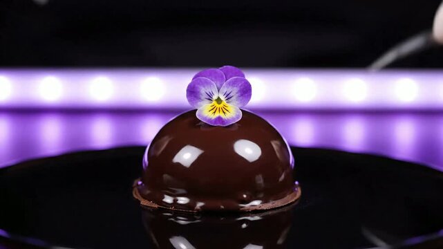 Pastry chef decorating a shiny mirror glaze chocolate mousse dome cake with an edible violet flower using tweezers