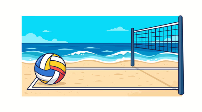 Beach volleyball net and ball on sandy shore