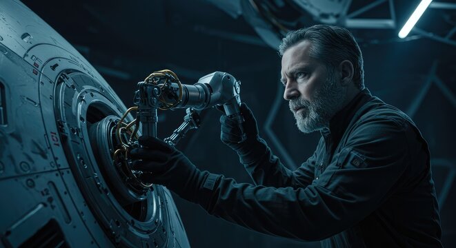 Focused scientist inspecting futuristic spacecraft control panel in dim high-tech lab setting