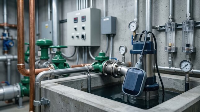 Industrial sump pump with float switch sensor in concrete water basin. Engineering and water supply system