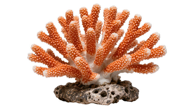 Orange coral branch with white tips on dark porous rock, isolated on transparent background