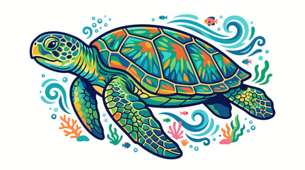 Fototapeta premium Colorful sea turtle swimming in ocean water