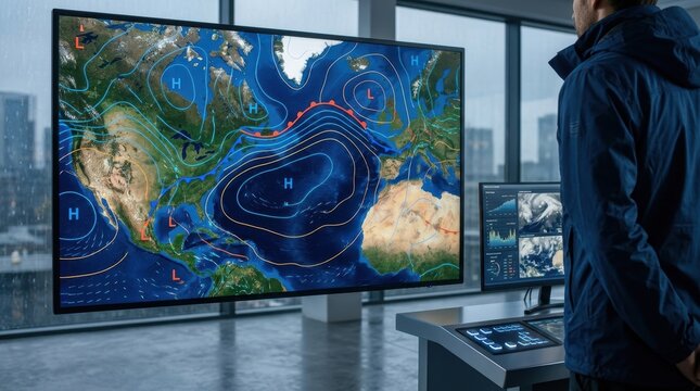 Meteorologist analyzing weather map and pressure systems on a large screen in a modern control room