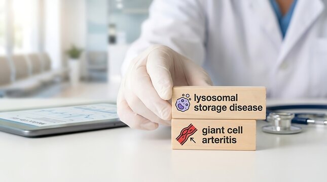 Doctor hand holding wooden blocks with lysosomal storage disease and giant cell arteritis medical text labels