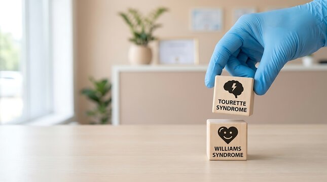 A hand wearing a blue medical glove stacking wooden cubes labeled with Tourette syndrome and Williams syndrome