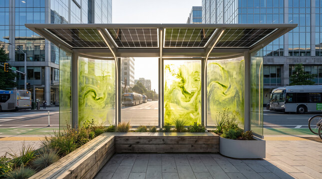 Modern bus shelter featuring solar panel roof panels and vertical algae bioreactor walls located on city street
