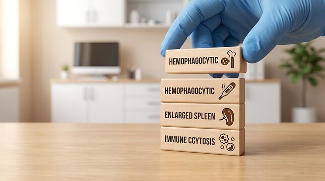 Medical professional stacking wooden blocks with text related to hemophagocytic lymphohistiocytosis and immune system conditions