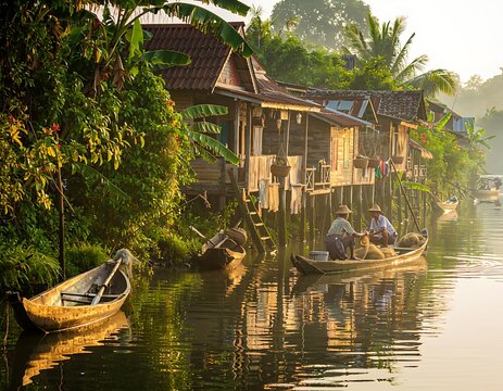 Traditional wooden stilt houses along a serene river with local boats in early morning light