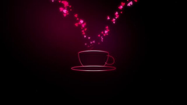 A glowing neon coffee cup emits a stream of floating pink hearts against a dark background