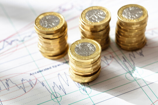Stack of pound coins on financial graphs and figures
