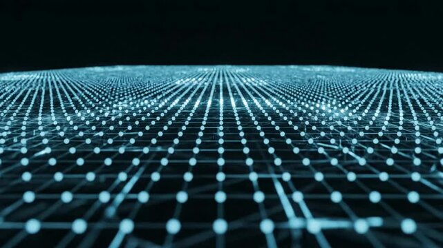 Blue glowing digital grid wave animation background, abstract cyberpunk network data flow concept for technology and science projects