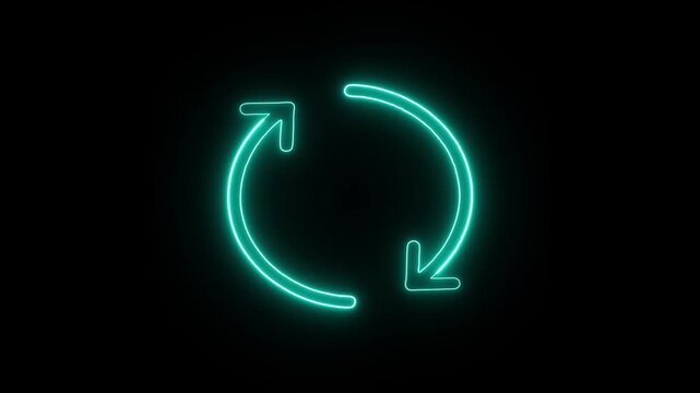 Glowing cyan neon refresh arrows icon flickering animation isolated on black background, web reload and sync loop UI UX motion graphic.