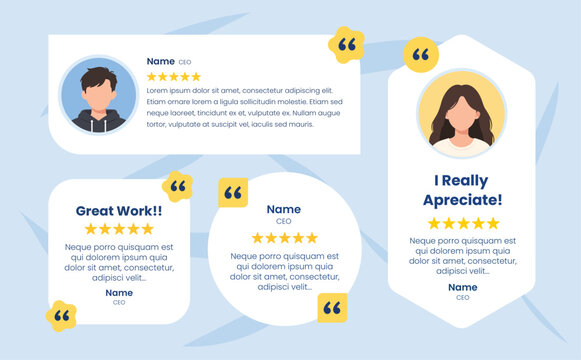 client or customer review testimonial card, social media post. customer or client service feedback review post, UI