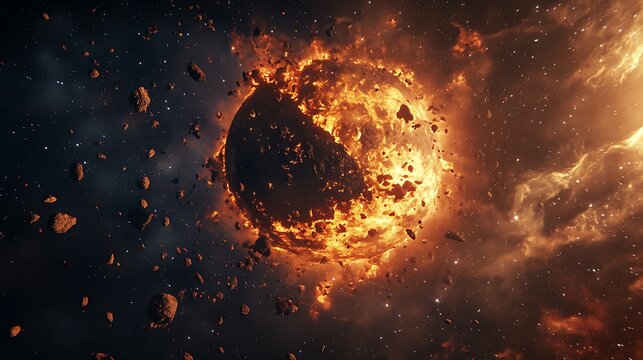 Fiery planet exploding in deep space with burning debris and glowing