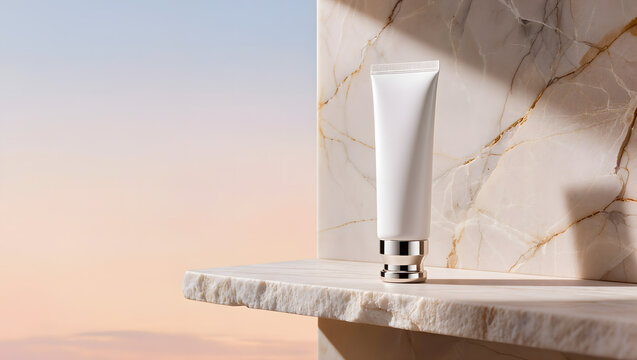 White Skincare Squeeze Tube With Silver Cap on Raw Edge Marble Shelf Against Pastel Sunset Gradient Background