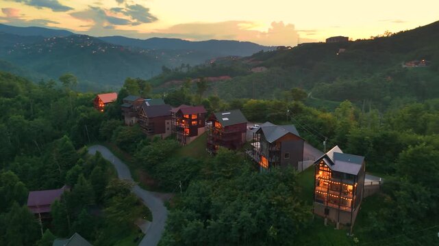 Mountain cabins and luxury lodges on wooded hillsides with breathtaking panoramic views and peaceful countryside atmosphere