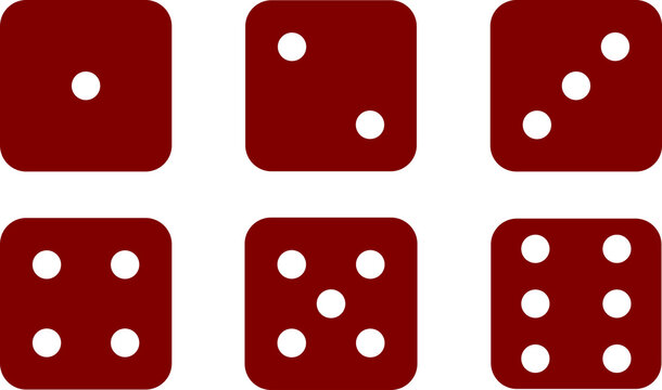Maroon Dice Face Numbers One to Six Icon Set Isolated on Transparent Background PNG Gaming Symbols