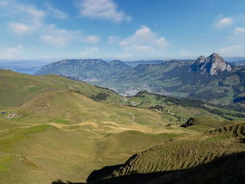 Stoos village and the city of Schwyz in the distance, Switzerland