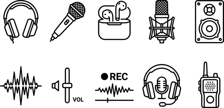 Audio podcast icons set headphones microphone earbuds speaker sound wave volume rec line art collection