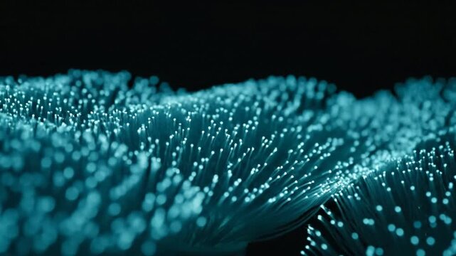 Glowing blue fiber optics data transmission background: abstract technology network communication and high-speed internet concept