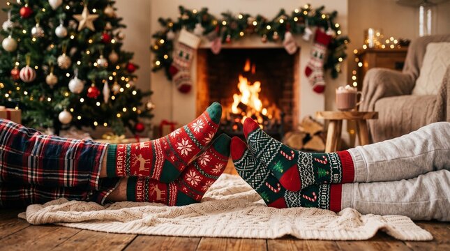 Cozy Christmas Couple Relaxing by the Fireplace with Festive Socks
