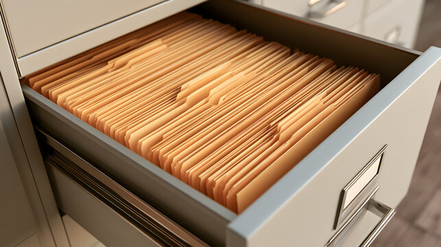 Open drawer of a modern filing cabinet filled with neatly arranged manila folders for business record management