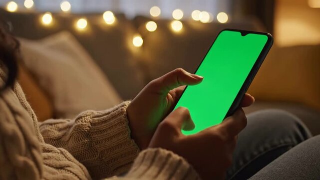 Woman relaxing on sofa at home using smartphone with green screen chroma key display for custom app ui mockup