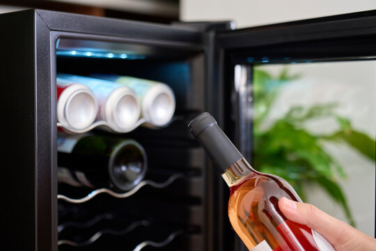 Woman placing bottle of rose wine into open wine cooler with other bottles inside