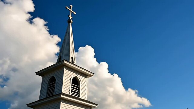 White church steeple with cross against bright blue sky and fluffy white clouds in peaceful daylight