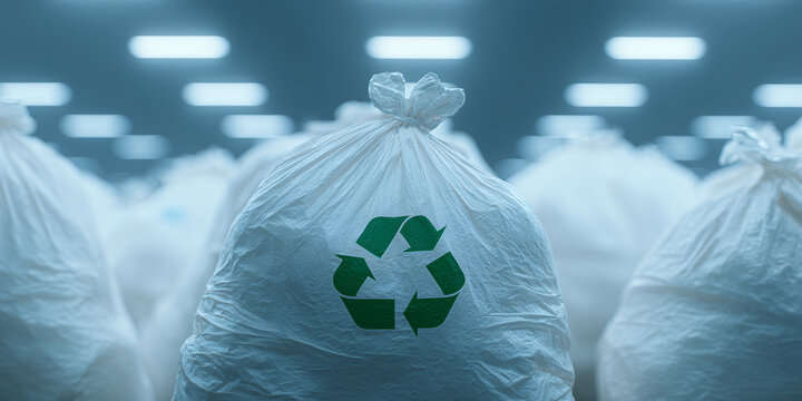 A close-up of white plastic bags filled with trash, each marked with a green recycling symbol, arranged in a seemingly endless row indoors