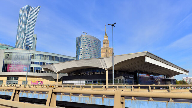 Warsaw, Poland. 3 October 2026. Railway station building with the inscription: Warszawa Centralna