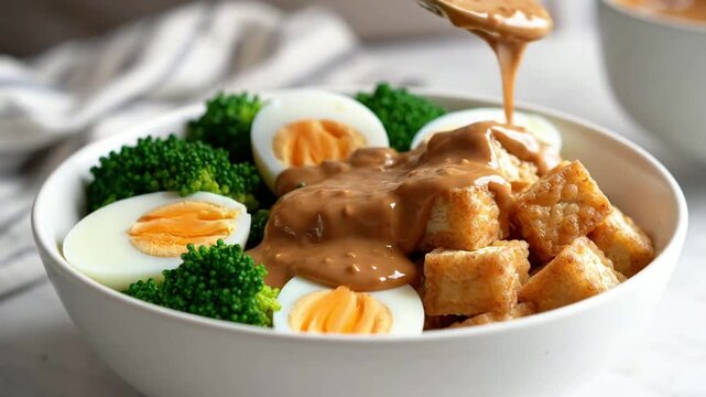 Peanut sauce pouring over healthy buddha bowl with tofu, boiled eggs and broccoli for clean eating dipping sauce