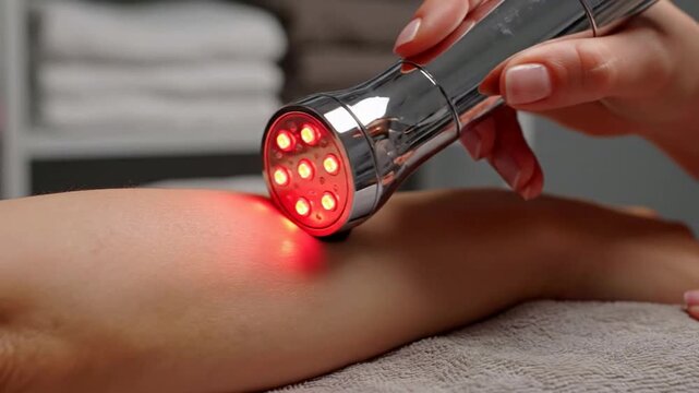 Red light therapy skin treatment in spa clinic, hand using led phototherapy device for rejuvenation and anti-aging