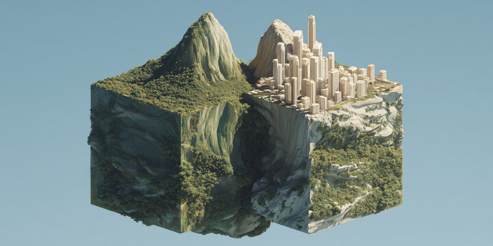 A surreal cube of contrasting landscapes, one side a rugged mountain forest with a deep gorge, the other a modern city skyline. The cube floats in a clear blue sky.