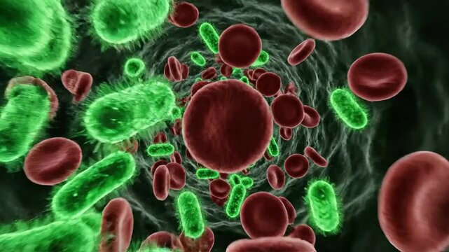 Microscopic 3D animation of green bacteria and red cells flowing through a human vein or artery for medical science
