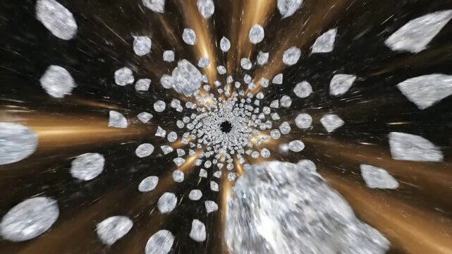 Diamond tunnel fast motion background, luxury gemstones flowing through golden space warp, jewelry luxury motion