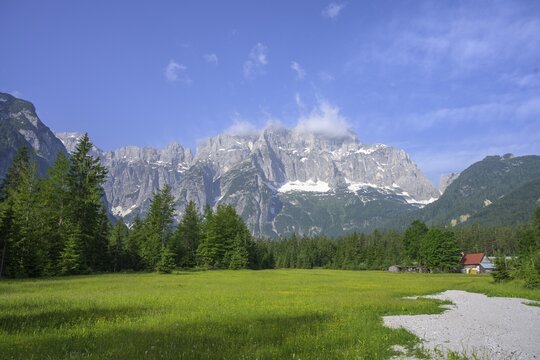 View over meadow to the mountains of Val Saisera, Malborghetto Valbruna, province of Udine, Italy