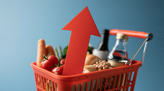 inflation concept with a giant upward arrow emerging from a basket of everyday consumer goods, rising prices, inflation, consumer price index, household expenses, purchasing