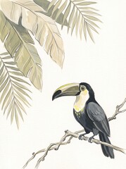 Fototapeta premium Gouache Toucan on Tropical Foliage. AI generative 