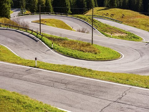 Pass road with many hairpin curves, Dolomite Road, Passo Pordoi, Dolomites, Alps, Belluno province, Veneto region, Italy