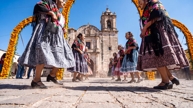 Mexican women performing traditional zapateado dance in front of a