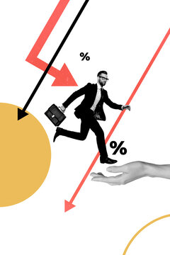 Image trendy 3d vertical artwork collage of puzzled businessman run human hand percent fall statistics bankruptcy inflation