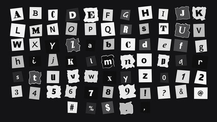 Ransom note alphabet, collection of cut-out paper letters, numbers, and symbols in various black and white fonts on a dark background © Saneya