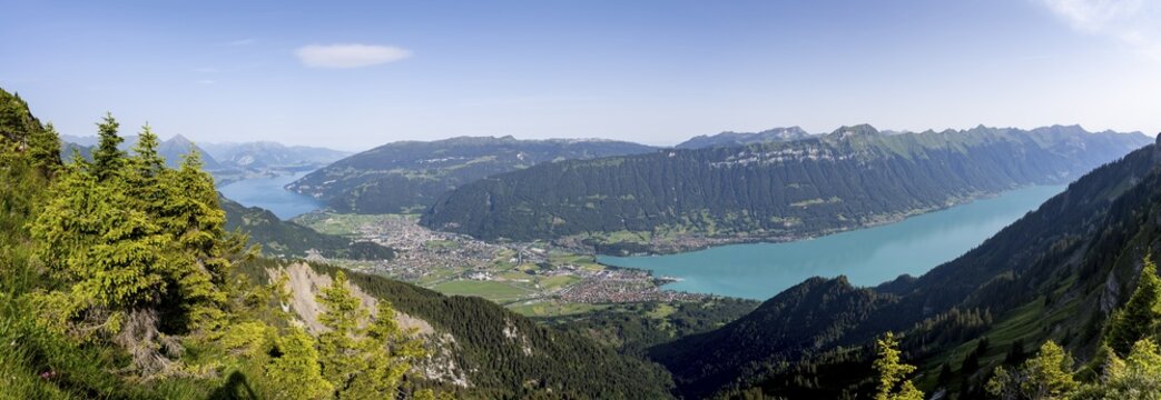 View of Interlaken with Lake Thun and Lake Brienz, Bernese Alps, Bernese Oberland, Switzerland