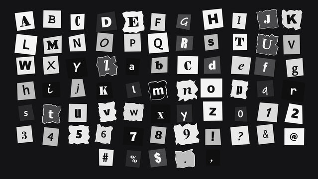 Ransom note alphabet, collection of cut-out paper letters, numbers, and symbols in various black and white fonts on a dark background