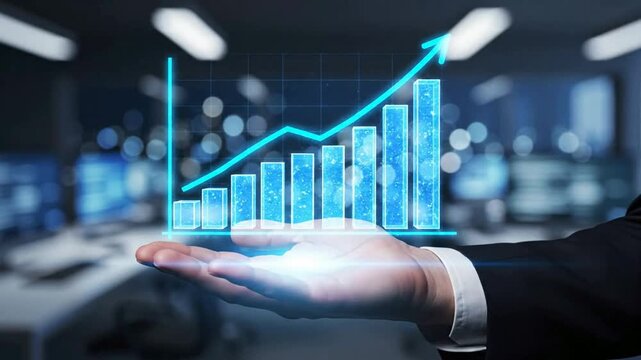 Businessman holding holographic business growth chart with rising arrow in futuristic office corporate finance analytics