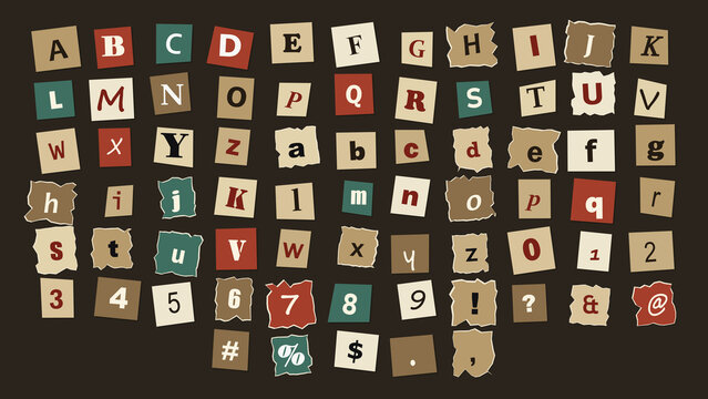 Ransom note style alphabet, numbers, and symbols cut from paper squares in red, teal, and beige on a dark brown background